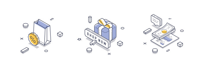 Wall Mural - isometric line icons represent various aspects of the online marketplace, highlighting activities li