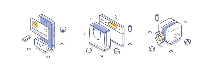 Wall Mural - isometric line icons illustrating various online marketing concepts, such as mobile purchases, shopp