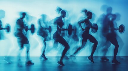 Aufkleber - Dynamic fitness silhouettes showcasing intense weightlifting and running movements during a vibrant workout session in a modern gym environment