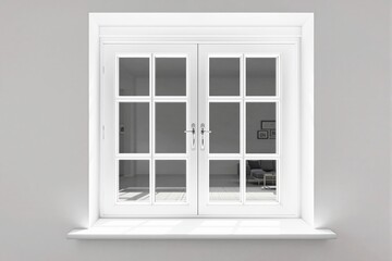 Poster - Elegant white French doors with glass panels reflecting interior, set in a minimalistic wall.