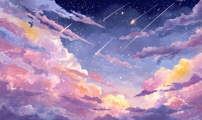 Wall Mural - a starry sky with shooting stars, colorful clouds in the background, generative ai