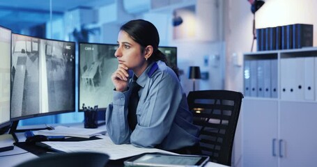 Poster - Security guard, watching and woman with footage, office and service for safety with surveillance and system. Serious, law enforcement and person with tech for inspection, screen and control room
