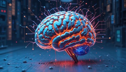 Aufkleber - Brain set against a circuit pattern background representing the integration of neuroscience and digital technology