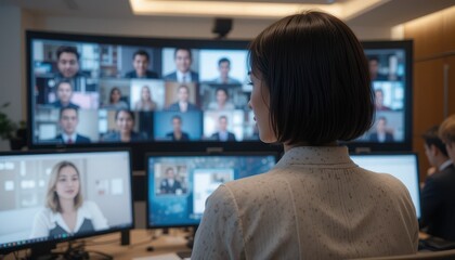 Fototapete - Woman attending a video conference on her laptop while sitting in a bright and modern home office environment
