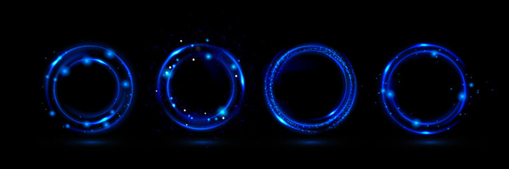 Wall Mural - blue light circles set isolated on black background. vector realistic illustration of round neon col