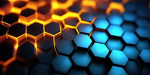 abstract honeycomb network pattern, dark hexagon tiles with illuminated glowing edges