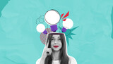 Woman with open head and creative idea lightbulbs on turquoise b