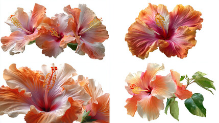  Four vibrant hibiscus flowers, peach, pink, and orange hues, isolated on white background.