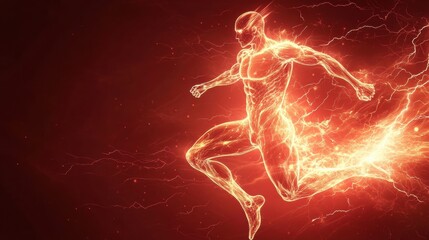Fototapete - Dynamic running figure radiating energy burst against a bold red background during an energetic movement