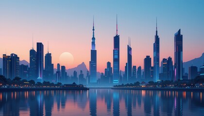 Poster - Breathtaking dubai skyline illuminated by a stunning sunset with vibrant colors reflecting on the water below