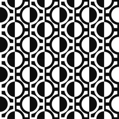 Poster - The image features a repeating geometric pattern in black and white. It consists of a series of overlapping circles, some full and some half, creating a visually dynamic and intricate design. 