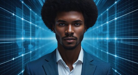 African man on blue theme neural system grid background design template banner with copy space