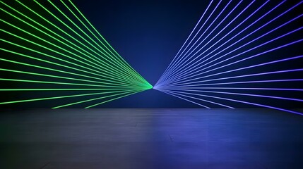 Wall Mural - green and blue laser lines converge in the center of a dark room, creating a vibrant, symmetrical di