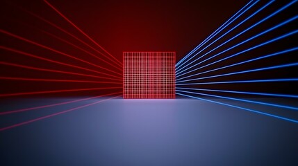 Wall Mural - a red gridded cube sits center stage, illuminated by converging red and blue laser beams emanating f