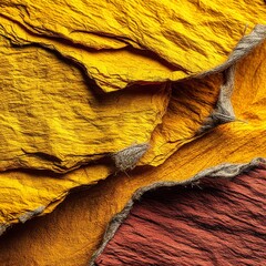 Poster - Abstract Layers: Ripped Paper Texture with Rich Golds and Reds, a Textured Design with Natural Edges and Fiber Detail