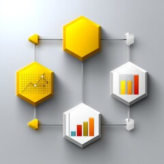 Poster - Hexagonal Business Data Flow Chart with Trendline, Bar Graphs, and Color-Coded Analysis, Isolated on Gray