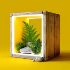 Poster - Rustic Nature Frame: A Wooden Cube Enclosing Ferns, Moss, and Stones with Luminous Light on a Yellow Background
