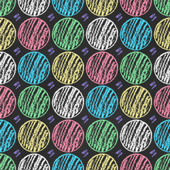 Wall Mural - Seamless Grunge Pattern of Hand-drawn Chalk Sketches Circles on Chalkboard Backdrop. Vintage Colorful Print.
