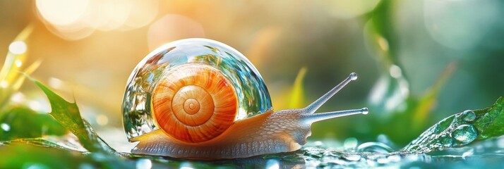 Aufkleber - Snail with a crystal shell reflecting leaves and sky in a whimsical nature setting