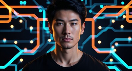 Caucasian man on black theme glowing tech circuit background design template banner with copy space