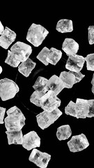Aufkleber - Super slow motion of rotating ice cubes with splashing water, top view shot. Filmed on high speed cinema camera, 1000 fps. Isolated on black background. Vertical aspect ratio.
