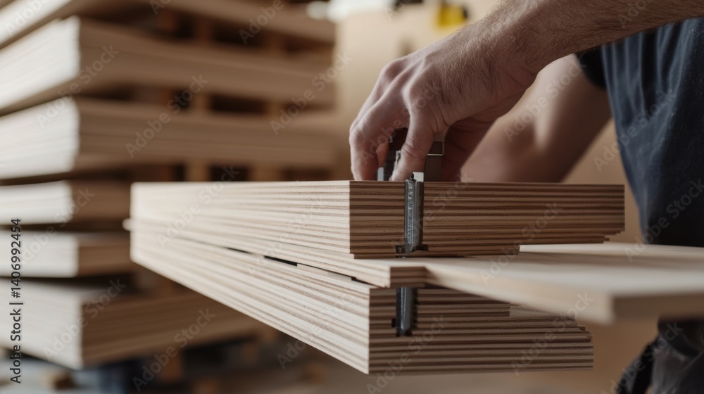 Image showcasing Cabinet maker assembling custom wood cabinetry for a luxury apartment ...