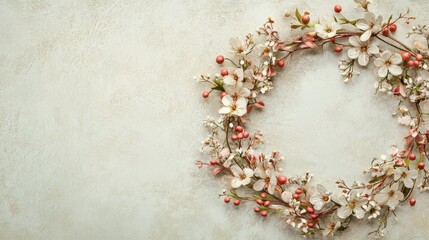 Aufkleber - Wreath of delicate flowers and berries on a soft textured background showcasing Lapki illustration style in a serene setting
