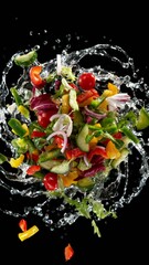 Aufkleber - Super slow motion of rotating fresh lettuce flying up in the air. Splashing water. Isolated on black background. Filmed on high speed cinema camera, 1000 fps. Vertical Aspect Ratio.