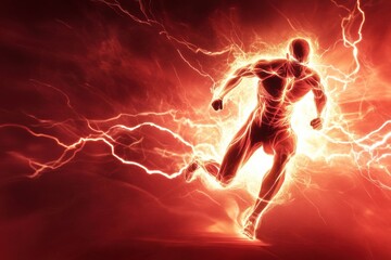 Fototapete - Dynamic figure running through a storm of energy and lightning in a vibrant red background