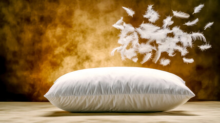 Wall Mural - White pillow bursting with feathers floating in the air