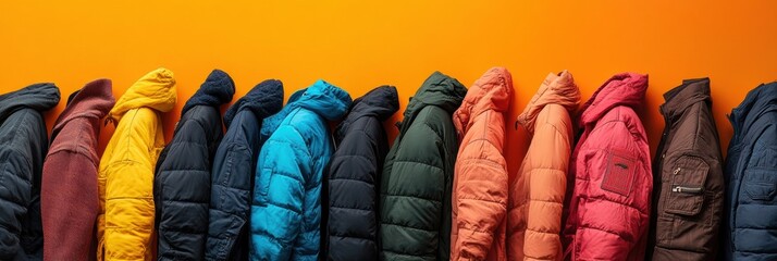 Poster - Brightly colored street jackets arranged in rows on a vibrant orange background showcasing modern textile design and trendy outerwear style