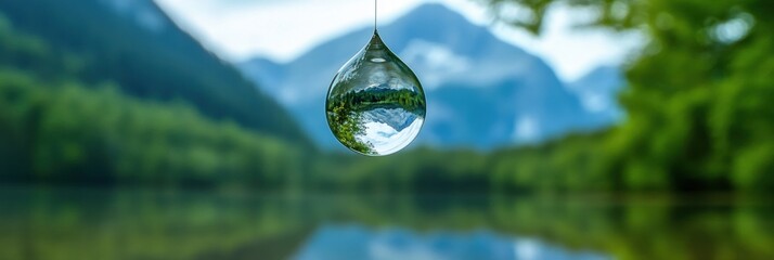 Poster - Droplet reflecting mountain and forest landscape in macro detail at serene lakeside