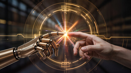 captivating image of a human hand gently touching a metallic robot hand sparks flying symbolizes the