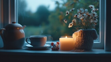 Aufkleber - Cozy window sill with tea, candle, and a plush mouse, creating a peaceful atmosphere at dusk in a quiet home