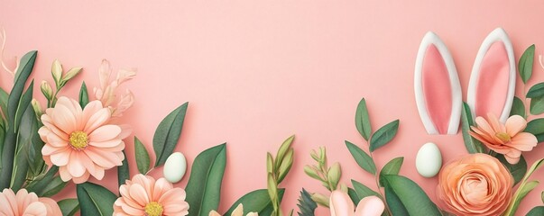 Wall Mural - Easter bunny ears and spring flowers creating a frame on pink background