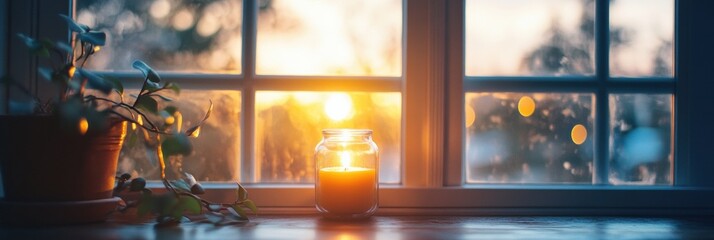 Fototapete - Warm light streaming through a window, casting soft shadows and creating a cozy atmosphere at dusk with a lit candle in the foreground