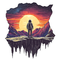 a stylized illustration of an astronaut standing on a floating rock formation overlooking a vibrant,