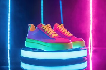Poster - Trendy sneakers featuring bold neon colors displayed on a glowing pedestal with a reflective surface under a fashion spotlight