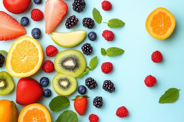 Fototapete - Vibrant display of fresh fruits and berries arranged on a soft pastel background in a clean minimal style