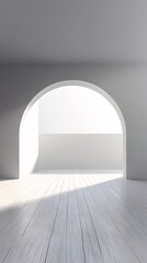 Fototapete - Empty room with wooden floor and arch opening onto balcony receiving sunlight