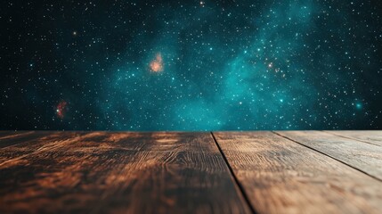 Poster - Empty wooden table presenting a cosmic backdrop of deep space and galaxies