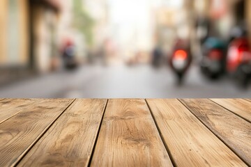 Fototapete - Wooden table providing space for products with blurred city street and delivery scooters in background