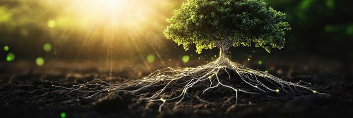 Leinwandbilder - Root systems shaped like neural networks illustrate organic intelligence at sunset