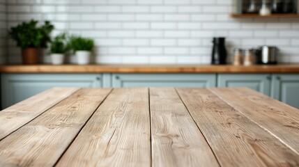 Poster - Empty wooden table in farmhouse kitchen with blurred background perfect for food display