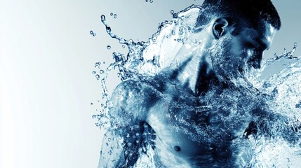 Fototapete - Water droplets create an abstract representation of a muscular body in blue and white tones, showcasing fluidity and strength in design