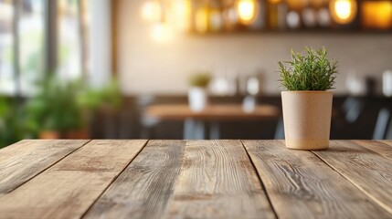 Fototapete - Empty wooden table featuring a small plant in a cozy cafe with blurred background