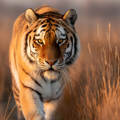  Majestic Siberian Tiger Walking in Golden Grassland
