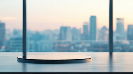 Aufkleber - Empty round podium displaying luxury products in modern penthouse with city view