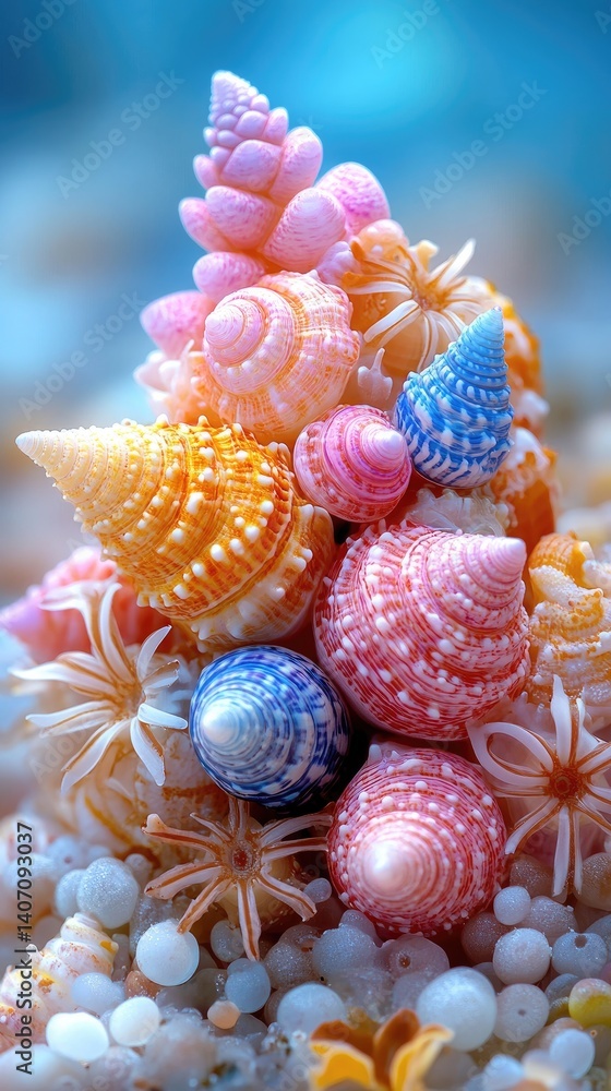 Sea shells are piled on top of each other like a pyramid with a soft ...