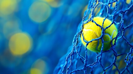 Sharp macro shot of a tennis ball gripping net contrast between yellow and blue